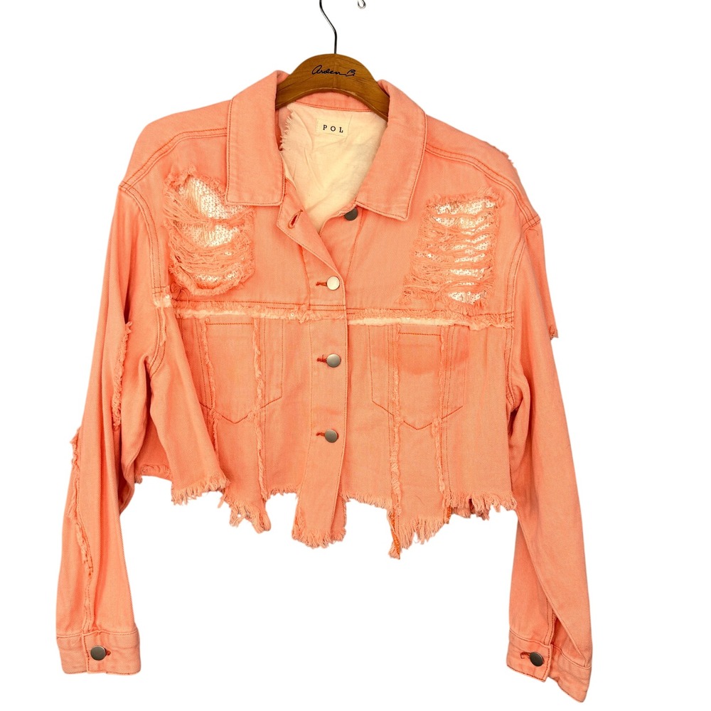 POL Denim Jacket Womens Large Peach Distressed Sequin Love Cropped Frayed - Picture 8 of 8